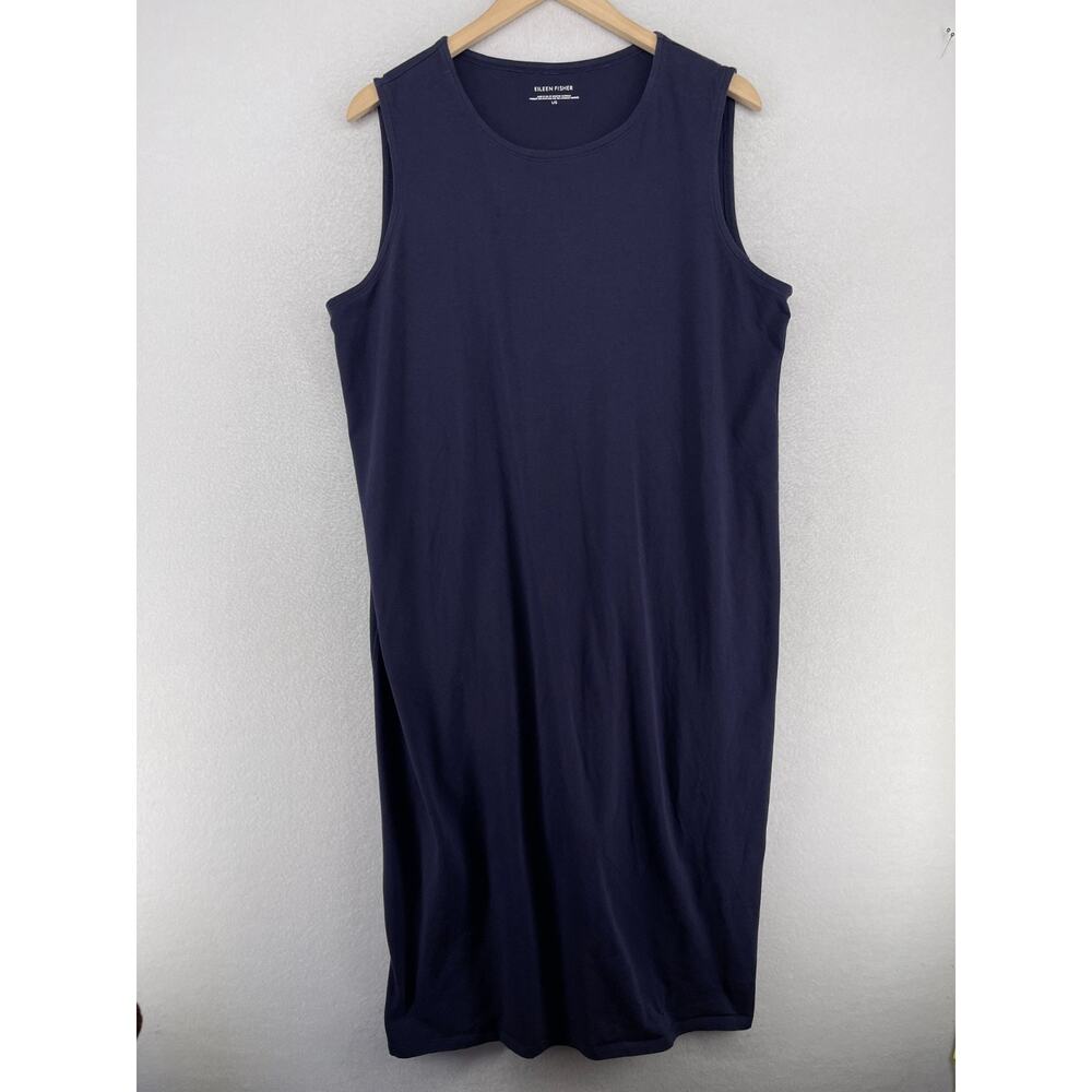 EILEEN FISHER Dress L Organic Cotton Stretch Jersey Tank Midi Sundress Blue USA